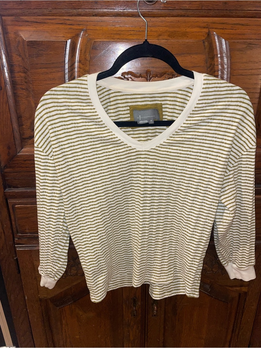 Anthropologie Striped V-Neck Long Sleeve Sweater in Olive Creamy